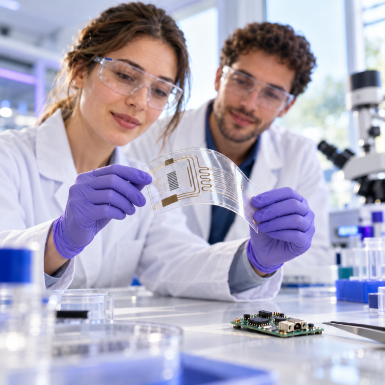 (c) KI generiert Zwei Personen im Labor mit einem beweglichen Sensor