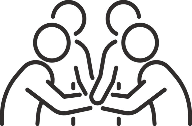 Drei minimalistischen Figuren umarmen sich gegenseitig in einer unterstützenden Geste.