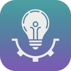 Logo mit einer Glühbirne und Zahnrädern im Hintergrund. Farbverlauf von Grün nach Lila.