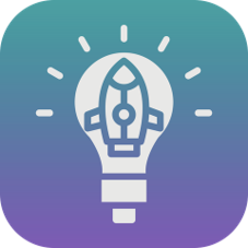 Ein stilisiertes Glühbirnen-Design mit einer Rakete darin, leuchtend und kreativ.